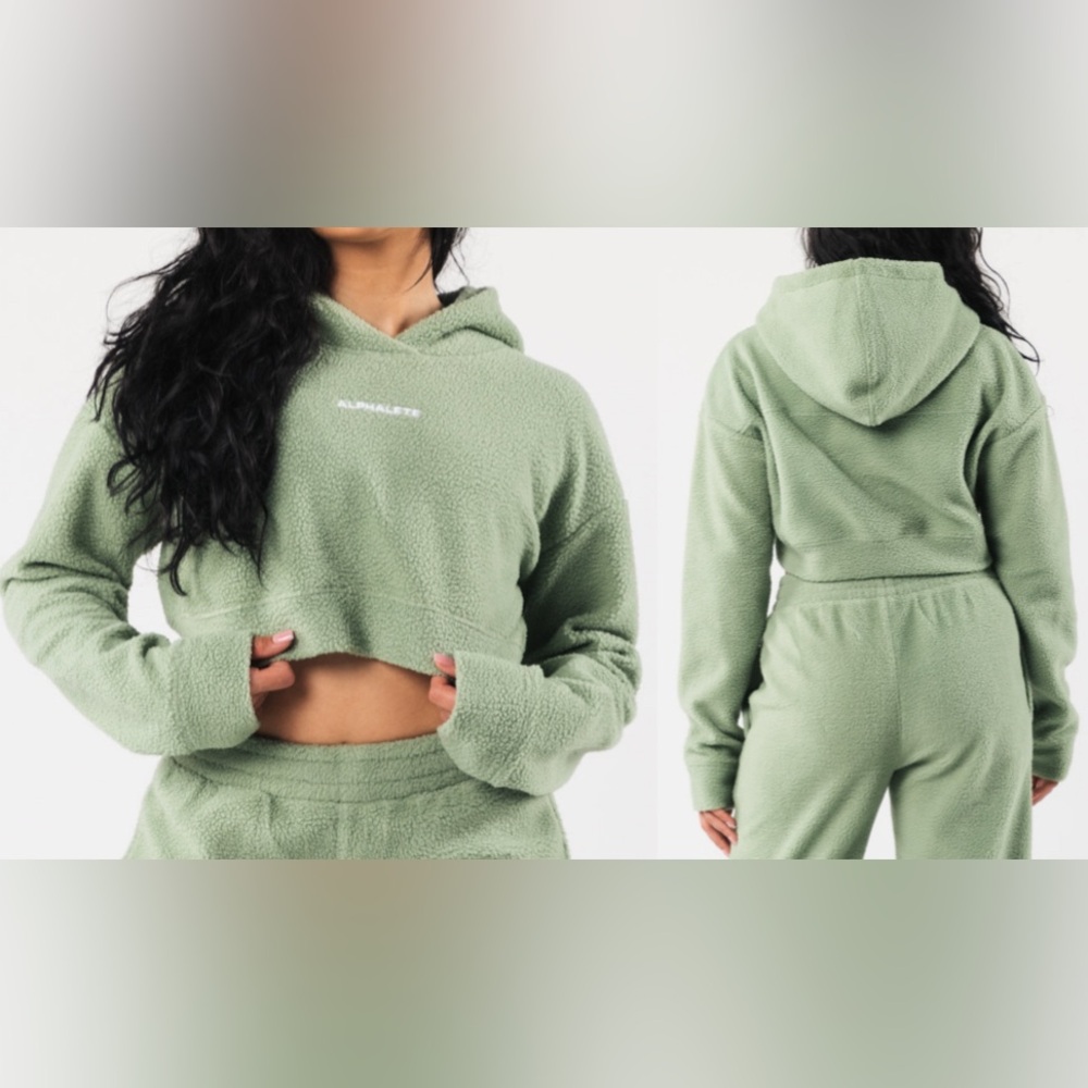 Alphalete King Crop Hoodie, Women’s Textured Plush Fleece Crop Hoodie - sage, S